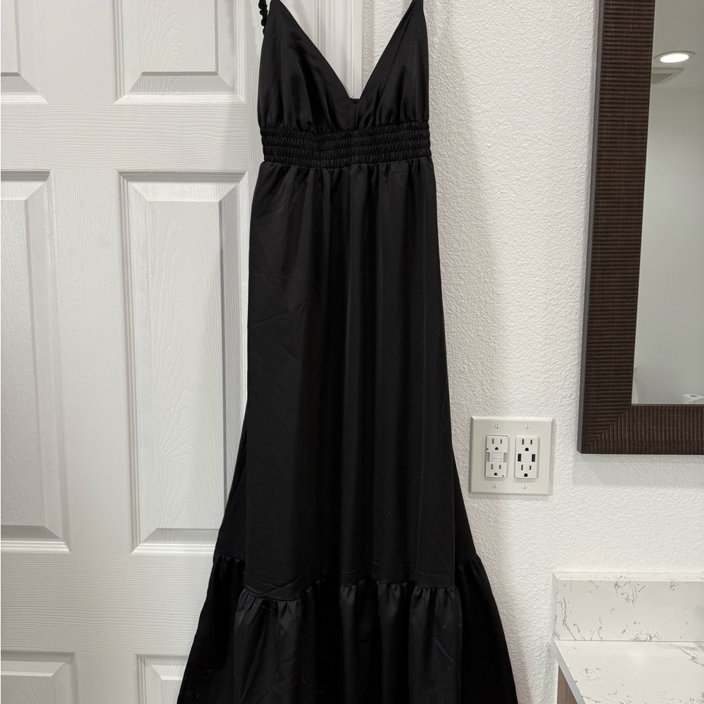 Black V-Neck Maxi Dress with Smocked Waist